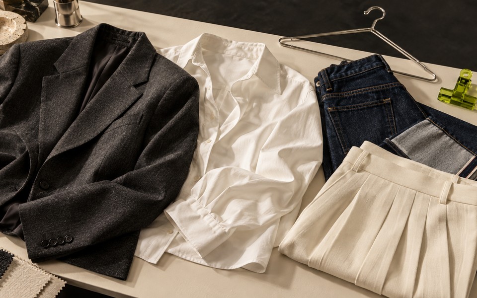 Peças e tecidos organizados para referência de roupa